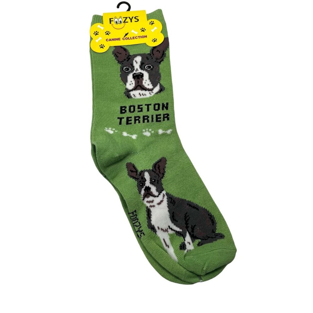Foozys Boston Terrier Dog Socks Canine Collection Size 9-11 Green Crew length